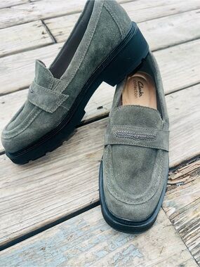 Clarks Olive Green Suede Penny Loafers
